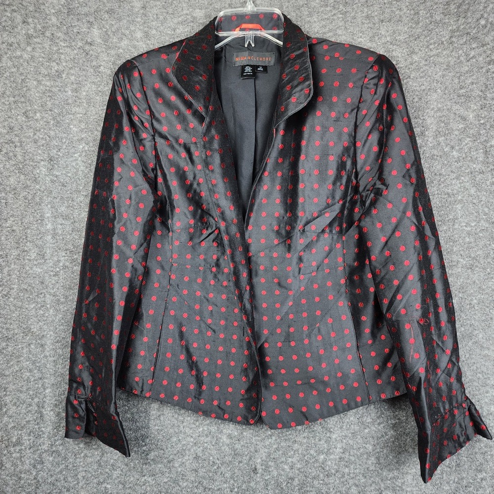Nina McLemore Blazer Women 12 Black Red Polka Dot 100% Silk Ruffle Cuff Jacket